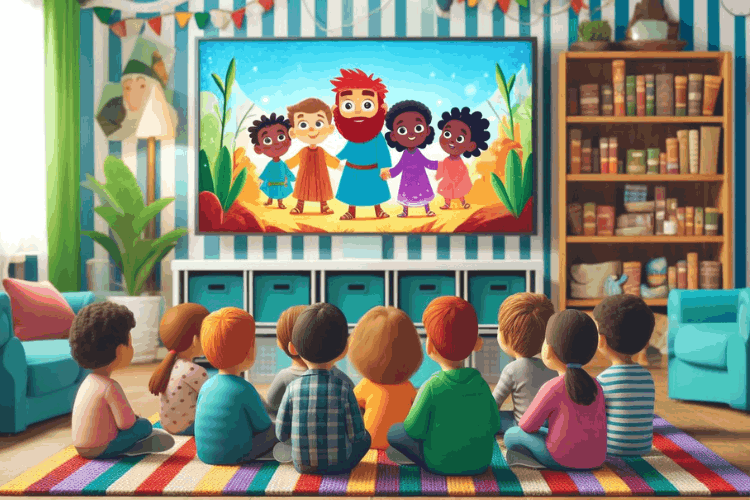 Children watching animated Bible stories on a screen, with joyful expressions.