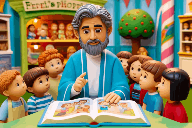 Theo the Theologian teaching kids about the Bible, with animated characters and a large open book.