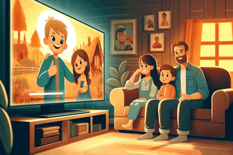 A family watching animated Bible stories together on a large screen, enjoying quality time.