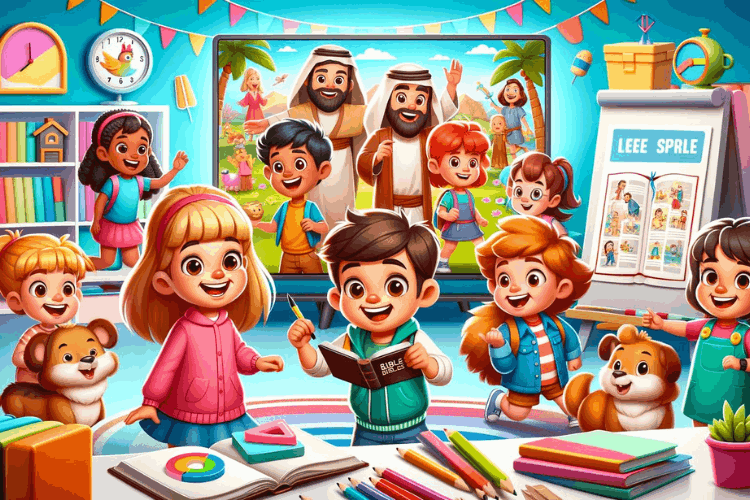 Kids learning and having fun with animated Bible stories, engaging with characters and activities.